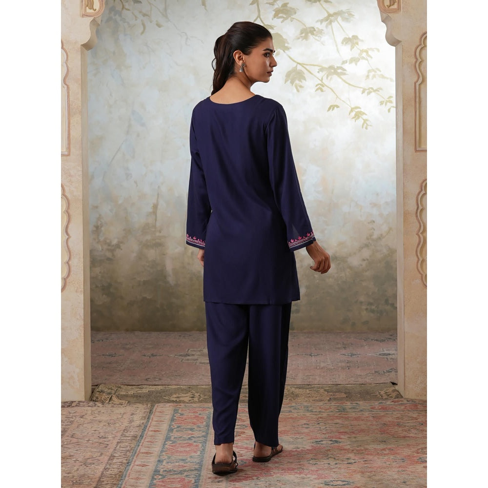 QAZMI Womens Viscose Rayon Embroidered Blue Kurti with Pant