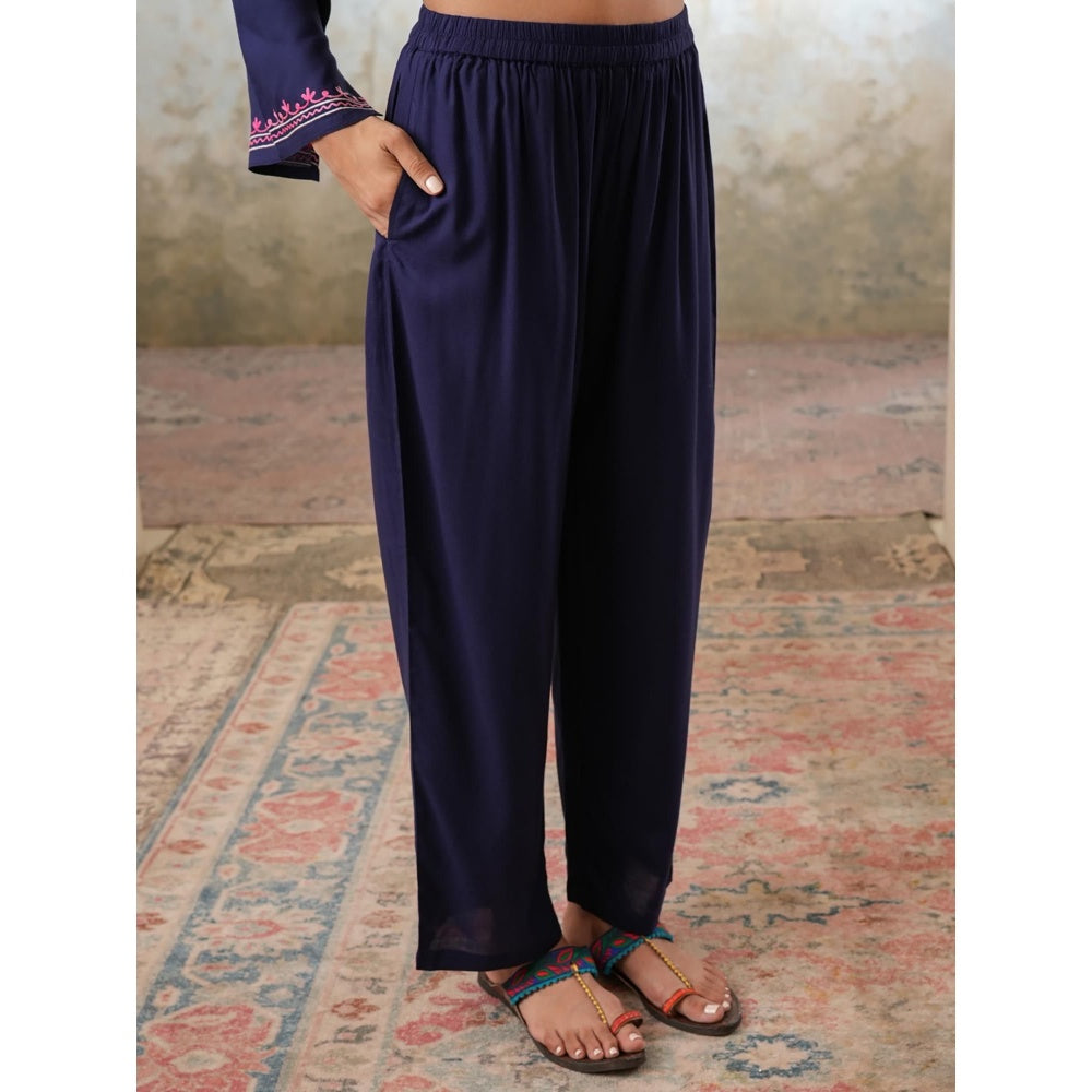 QAZMI Womens Viscose Rayon Embroidered Blue Kurti with Pant