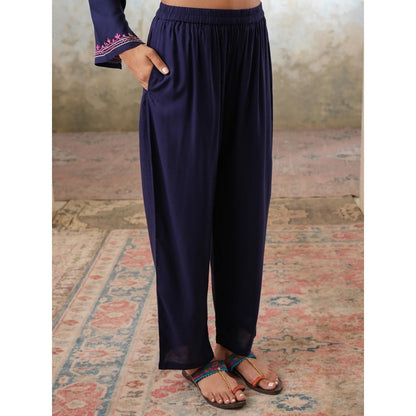 QAZMI Womens Viscose Rayon Embroidered Blue Kurti with Pant