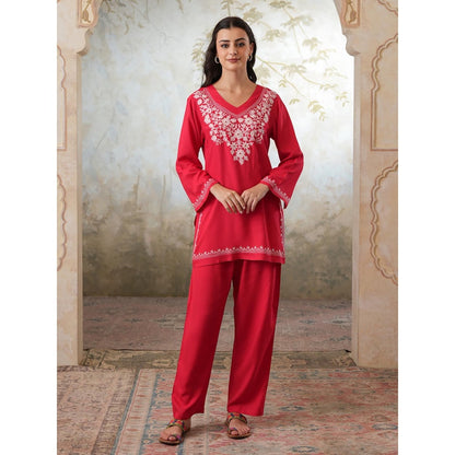 QAZMI Womens Viscose Rayon Embroidered Red Kurti with Pant