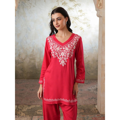 QAZMI Womens Viscose Rayon Embroidered Red Kurti with Pant