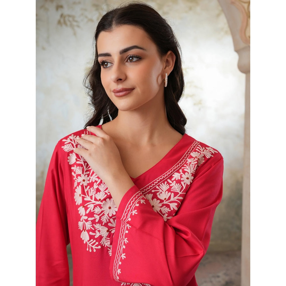 QAZMI Womens Viscose Rayon Embroidered Red Kurti with Pant