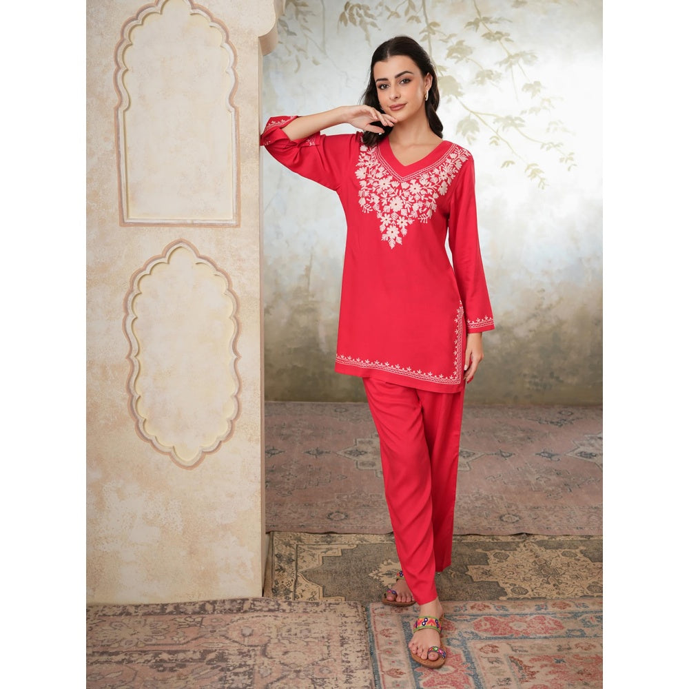 QAZMI Womens Viscose Rayon Embroidered Red Kurti with Pant