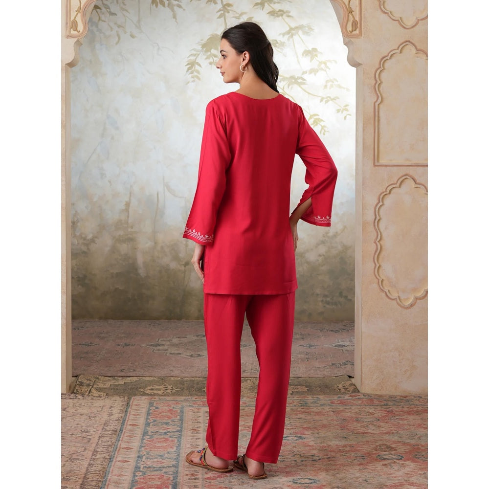 QAZMI Womens Viscose Rayon Embroidered Red Kurti with Pant