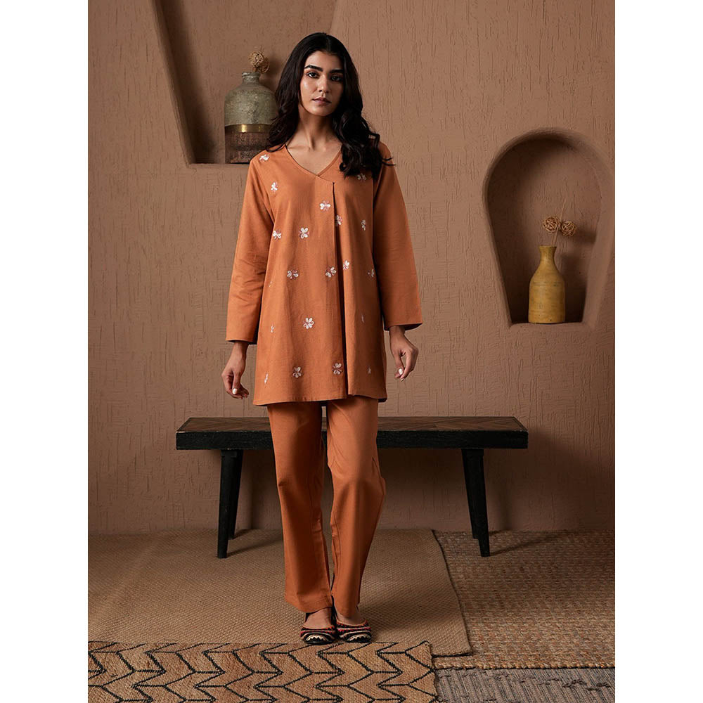 QAZMI Womens Cotton Linen Floral Rust Co-Ord Set