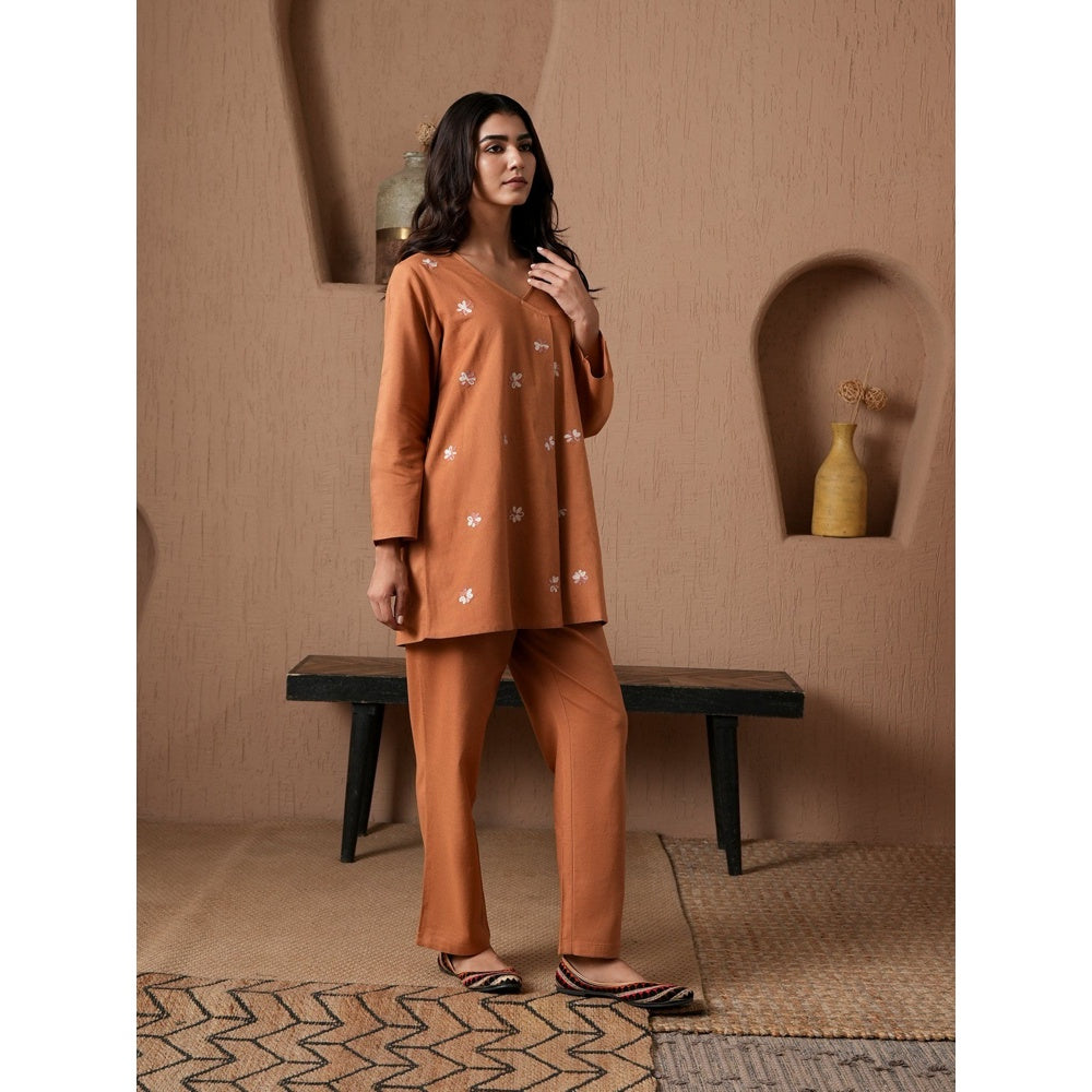 QAZMI Womens Cotton Linen Floral Rust Co-Ord Set