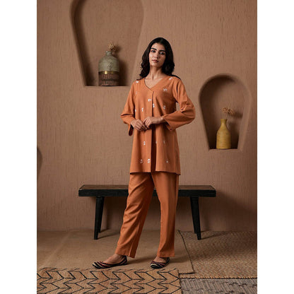 QAZMI Womens Cotton Linen Floral Rust Co-Ord Set