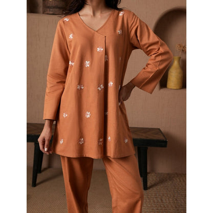 QAZMI Womens Cotton Linen Floral Rust Co-Ord Set