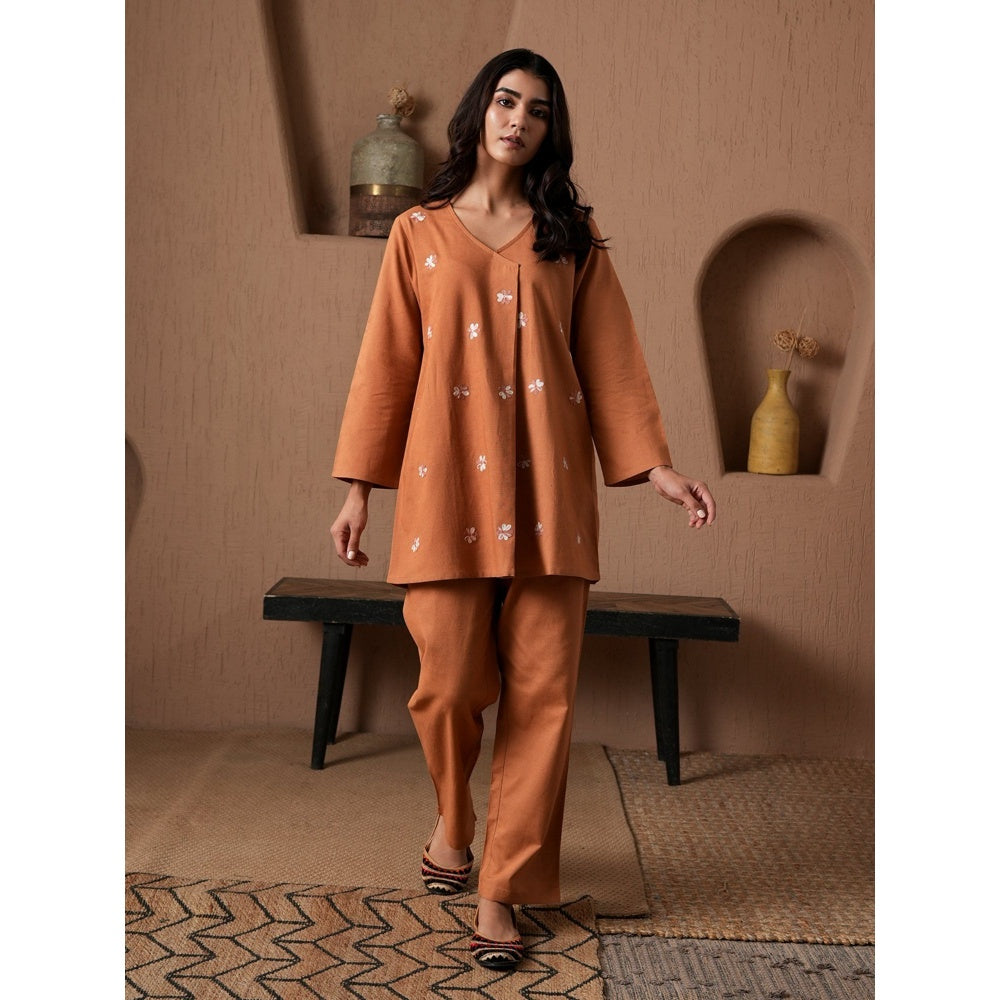 QAZMI Womens Cotton Linen Floral Rust Co-Ord Set