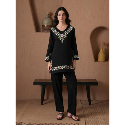 Qazmi Kashmiri Aari Work Viscose Rayon V-Neck Full Sleeves CoOrd Set