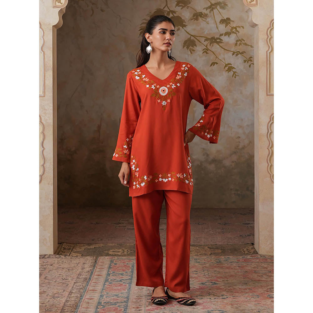 QAZMI Womens Viscose Rayon Embroidered Red Kurti with Pant
