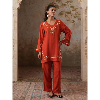 QAZMI Womens Viscose Rayon Embroidered Red Kurti with Pant