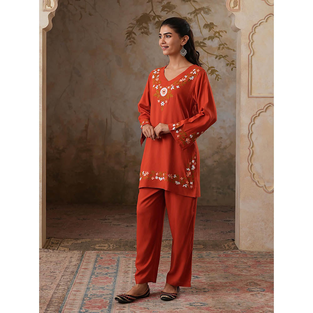 QAZMI Womens Viscose Rayon Embroidered Red Kurti with Pant