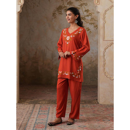 QAZMI Womens Viscose Rayon Embroidered Red Kurti with Pant