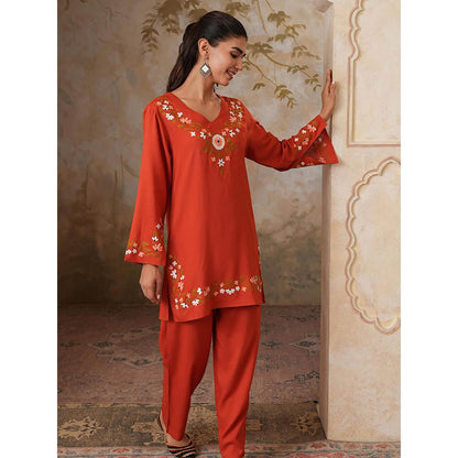 QAZMI Womens Viscose Rayon Embroidered Red Kurti with Pant