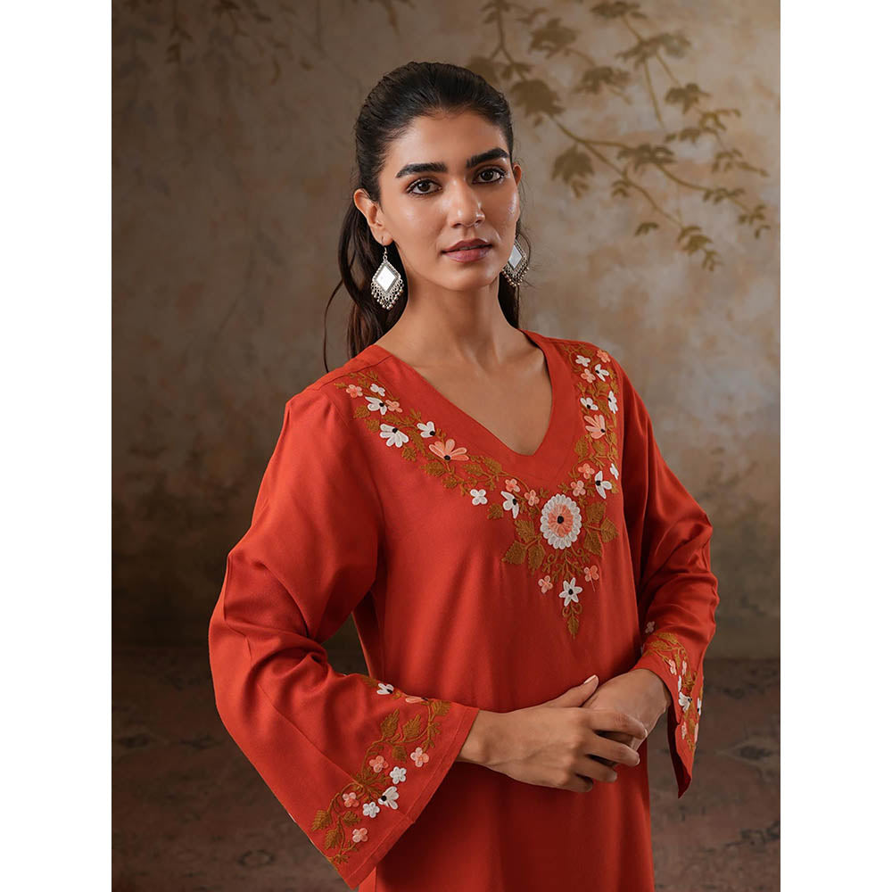QAZMI Womens Viscose Rayon Embroidered Red Kurti with Pant