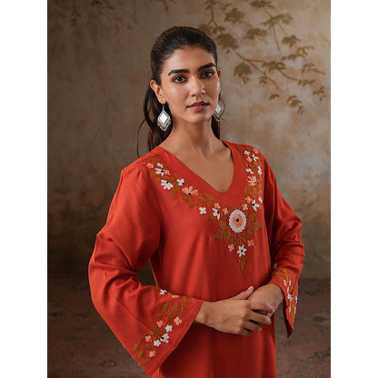 QAZMI Womens Viscose Rayon Embroidered Red Kurti with Pant