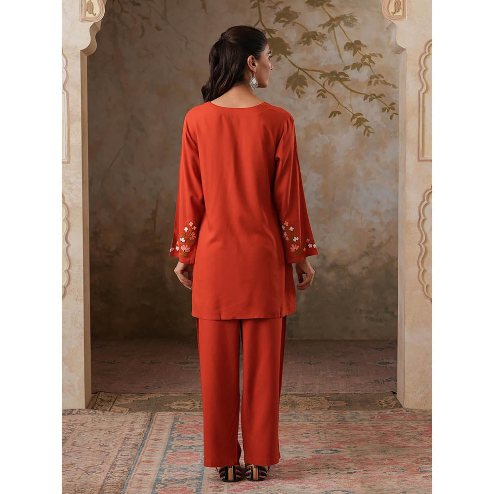 QAZMI Womens Viscose Rayon Embroidered Red Kurti with Pant