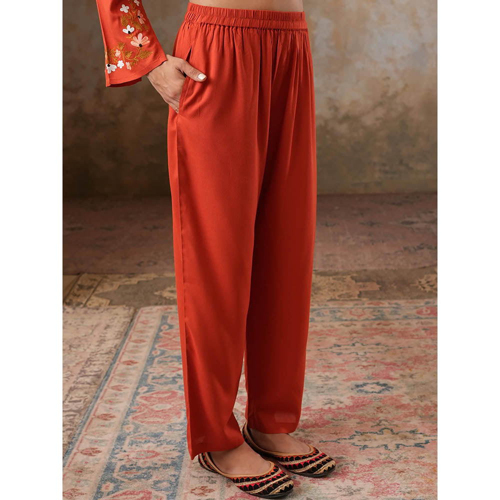 QAZMI Womens Viscose Rayon Embroidered Red Kurti with Pant