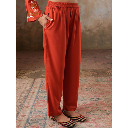 QAZMI Womens Viscose Rayon Embroidered Red Kurti with Pant