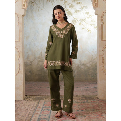 QAZMI Heena Kashmiri Chinar Embroidered Linen Cotton Full Sleeves V-Neck Co-Ord Set