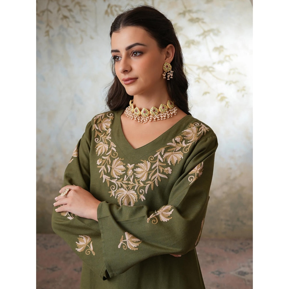 QAZMI Heena Kashmiri Chinar Embroidered Linen Cotton Full Sleeves V-Neck Co-Ord Set