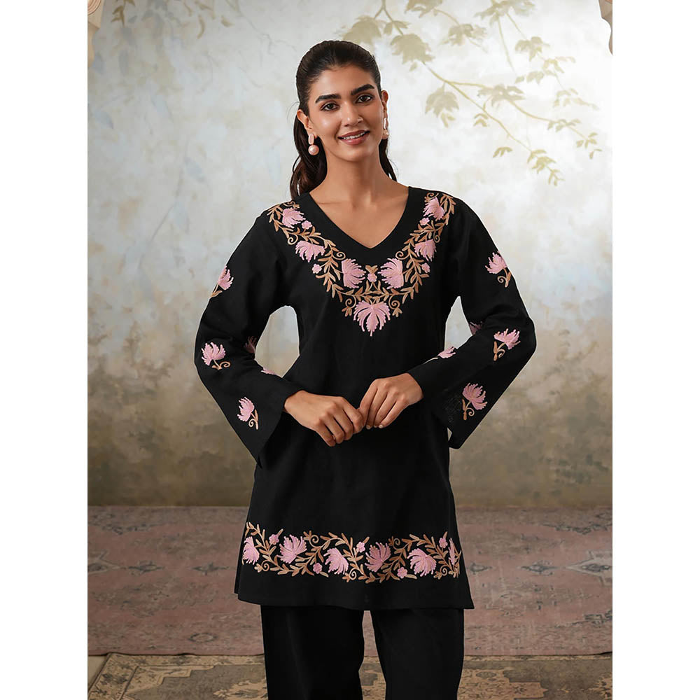 QAZMI Womens Cotton Linen Embroidered Black Co-Ord Set