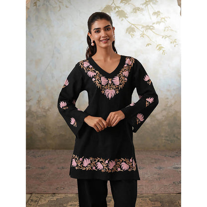 QAZMI Womens Cotton Linen Embroidered Black Co-Ord Set
