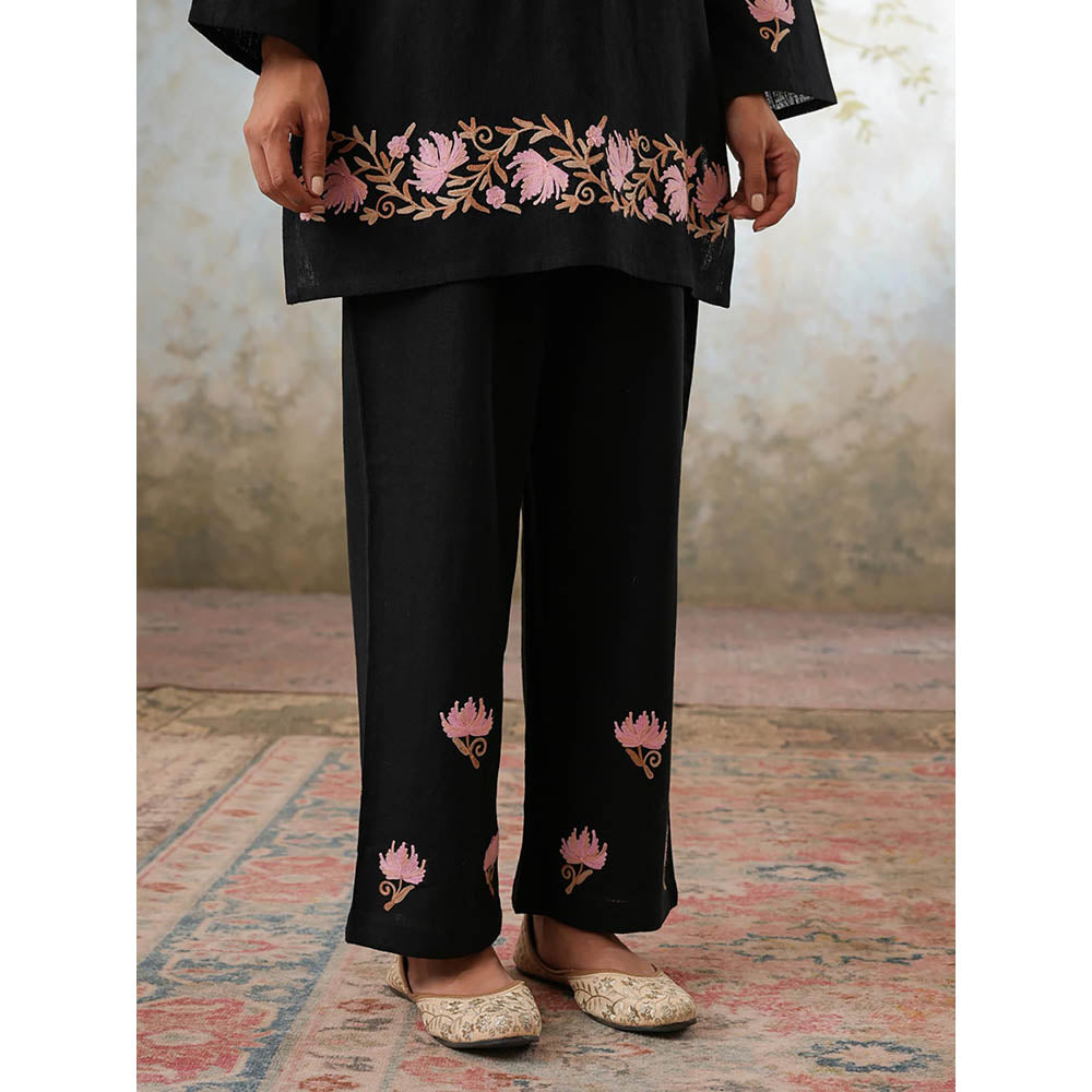 QAZMI Womens Cotton Linen Embroidered Black Co-Ord Set