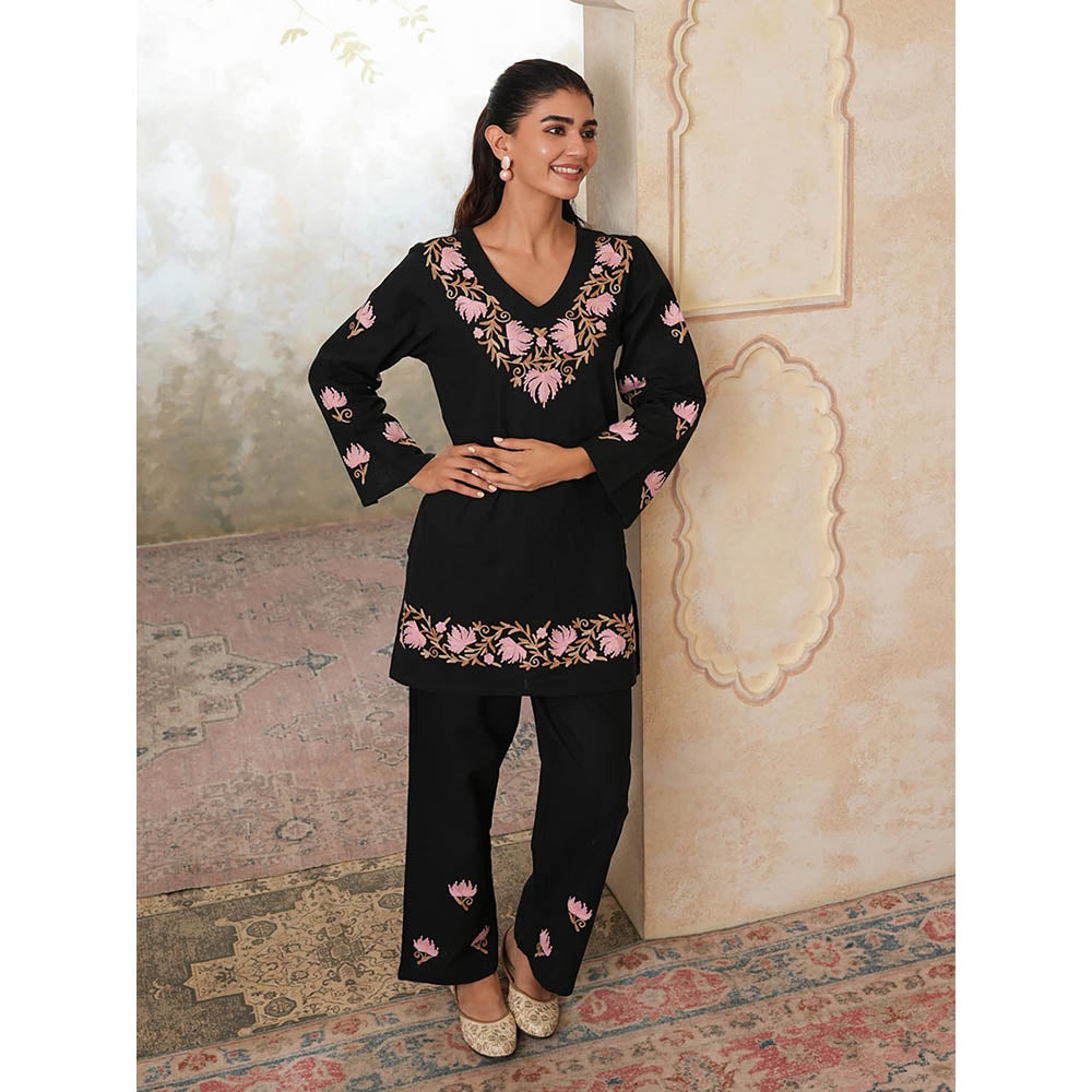 QAZMI Womens Cotton Linen Embroidered Black Co-Ord Set