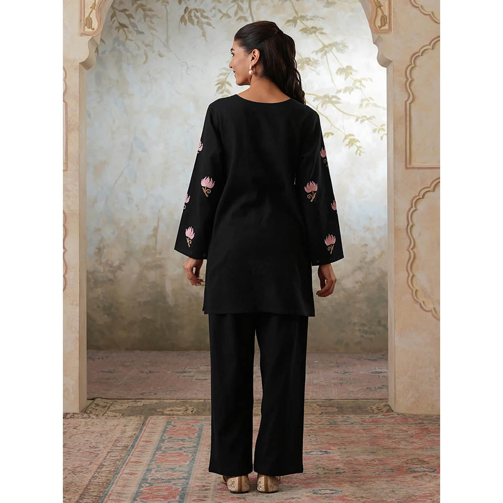QAZMI Womens Cotton Linen Embroidered Black Co-Ord Set