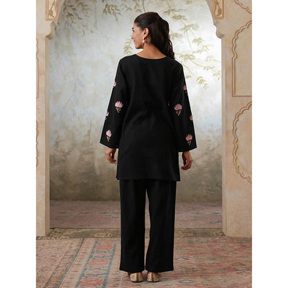 QAZMI Womens Cotton Linen Embroidered Black Co-Ord Set