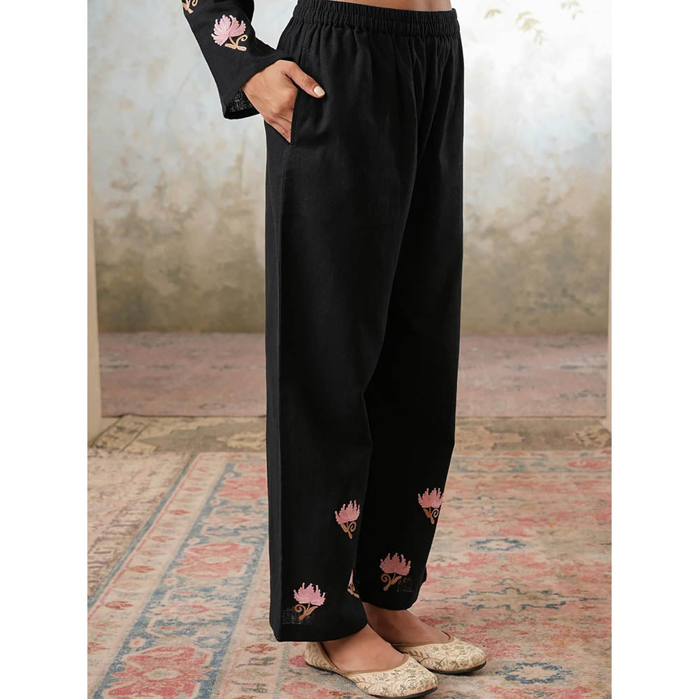 QAZMI Womens Cotton Linen Embroidered Black Co-Ord Set