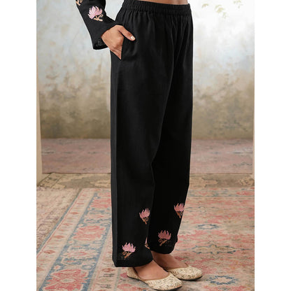 QAZMI Womens Cotton Linen Embroidered Black Co-Ord Set