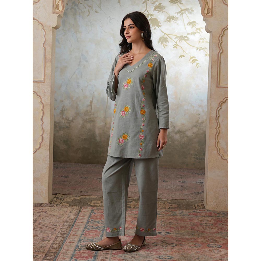 QAZMI Grey Women Mehreen Kashmiri Linen Cotton Co-Ord Set