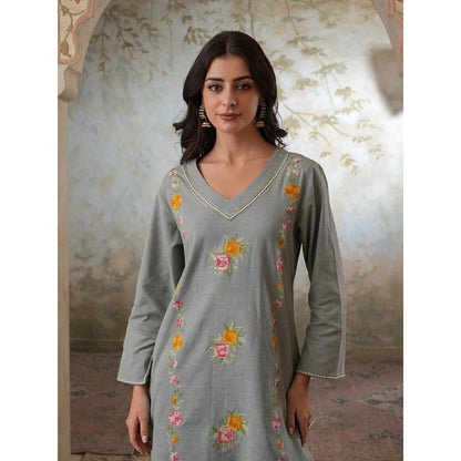 QAZMI Grey Women Mehreen Kashmiri Linen Cotton Co-Ord Set