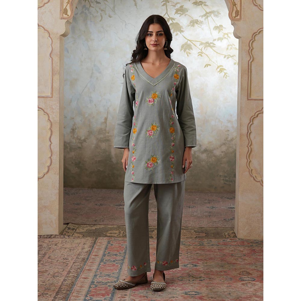 QAZMI Grey Women Mehreen Kashmiri Linen Cotton Co-Ord Set