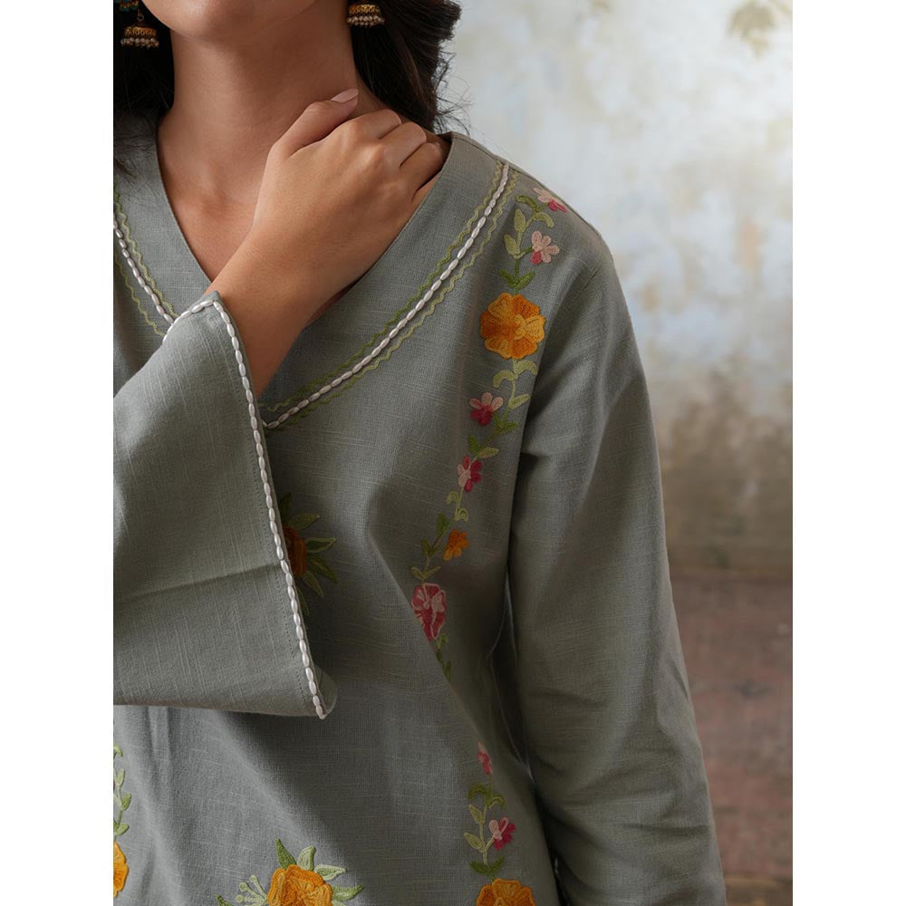 QAZMI Grey Women Mehreen Kashmiri Linen Cotton Co-Ord Set
