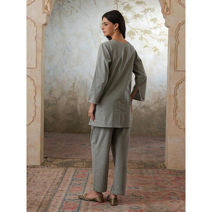 QAZMI Grey Women Mehreen Kashmiri Linen Cotton Co-Ord Set