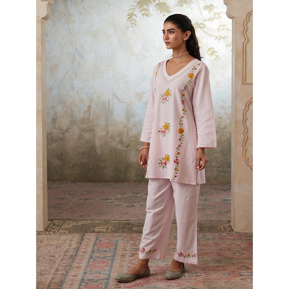 QAZMI Pink Women Mehreen Kashmiri Linen Cotton Co-Ord Set
