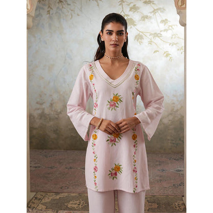 QAZMI Pink Women Mehreen Kashmiri Linen Cotton Co-Ord Set
