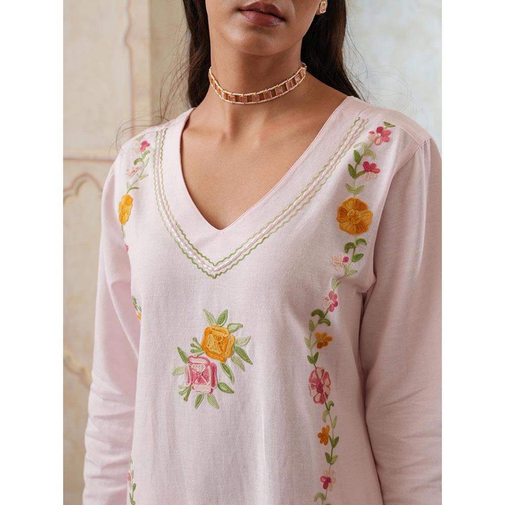 QAZMI Pink Women Mehreen Kashmiri Linen Cotton Co-Ord Set