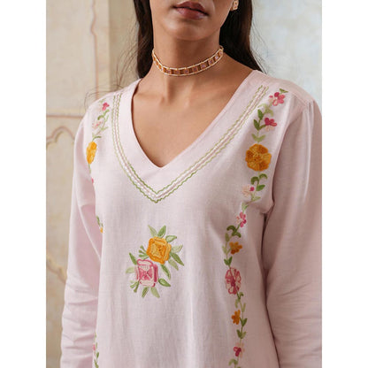 QAZMI Pink Women Mehreen Kashmiri Linen Cotton Co-Ord Set