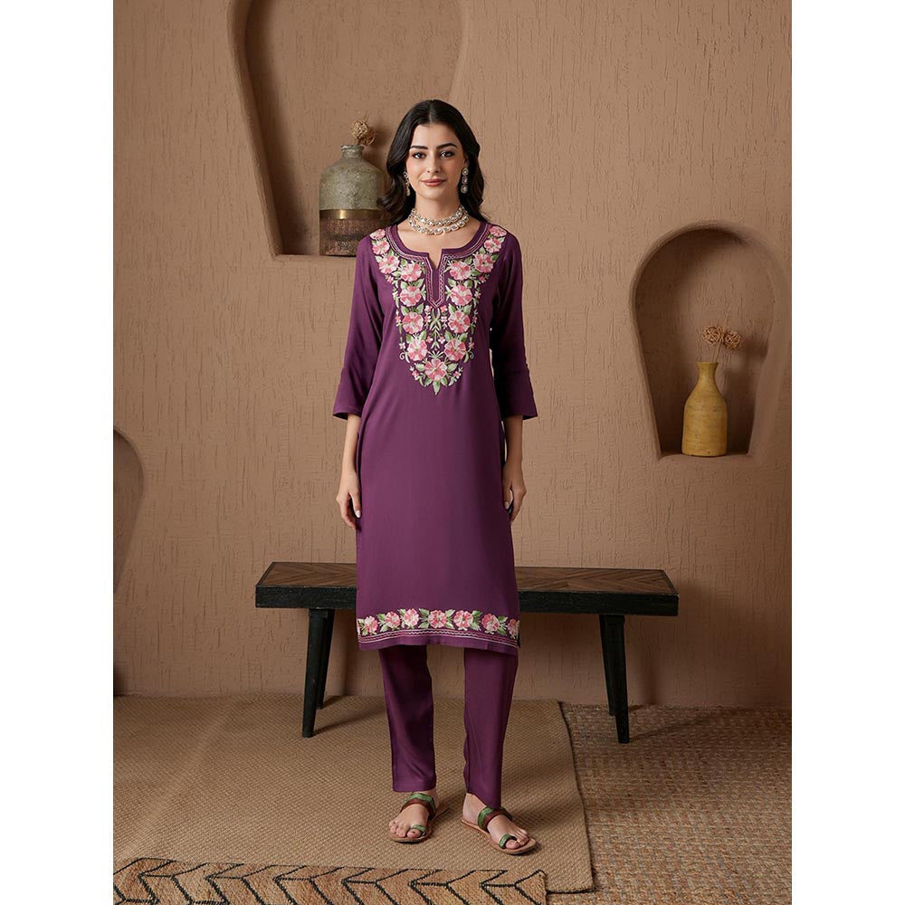 QAZMI Purple Floral Aari Embroidered Viscose Rayon Co-Ord Set
