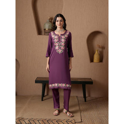 QAZMI Purple Floral Aari Embroidered Viscose Rayon Co-Ord Set