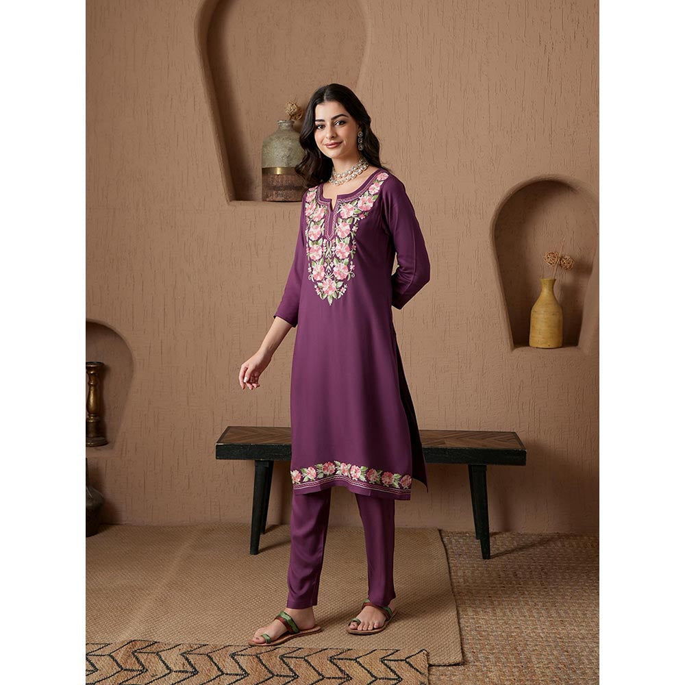 QAZMI Purple Floral Aari Embroidered Viscose Rayon Co-Ord Set