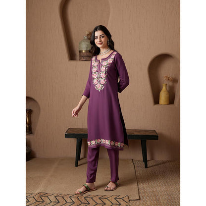 QAZMI Purple Floral Aari Embroidered Viscose Rayon Co-Ord Set