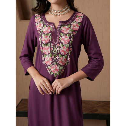 QAZMI Purple Floral Aari Embroidered Viscose Rayon Co-Ord Set