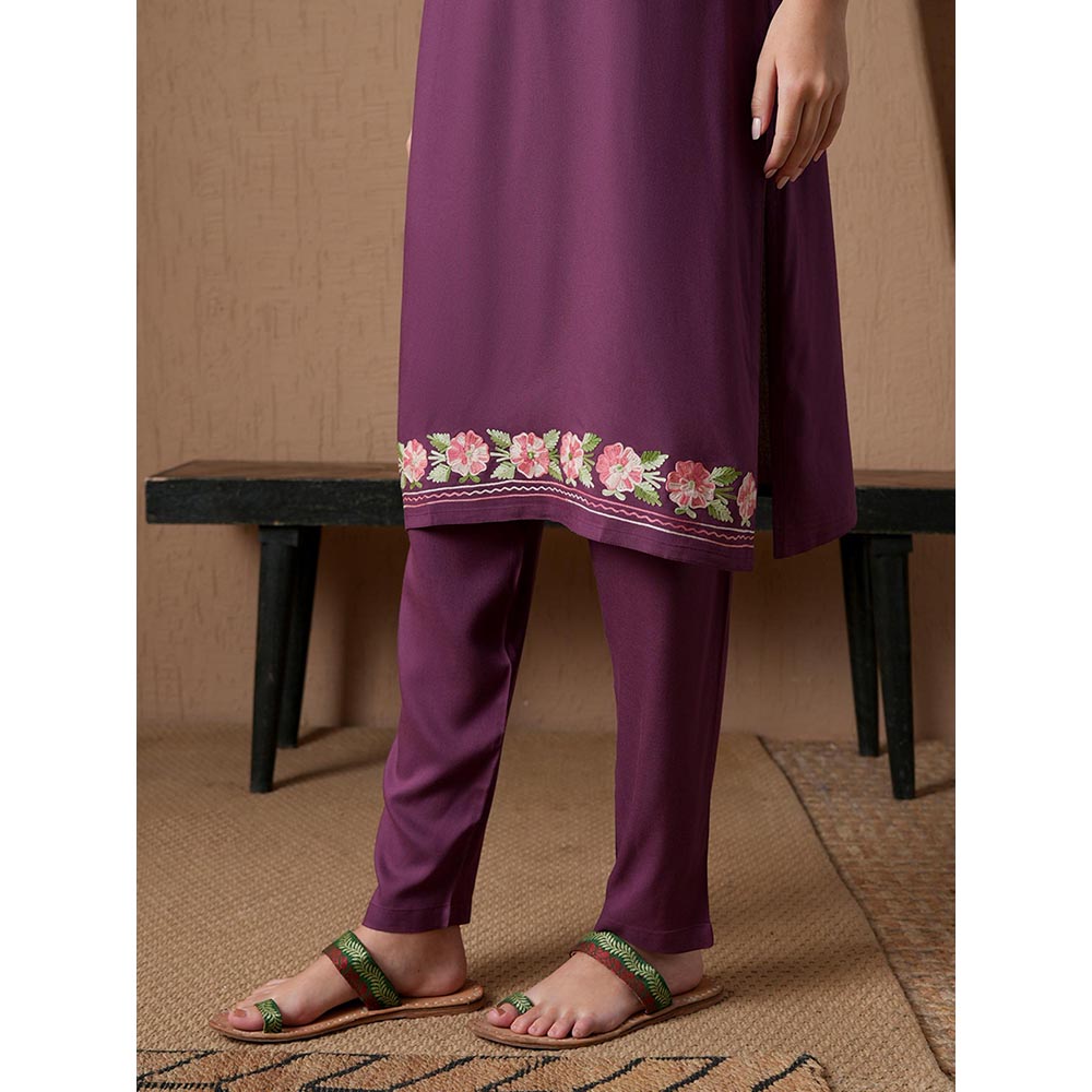 QAZMI Purple Floral Aari Embroidered Viscose Rayon Co-Ord Set