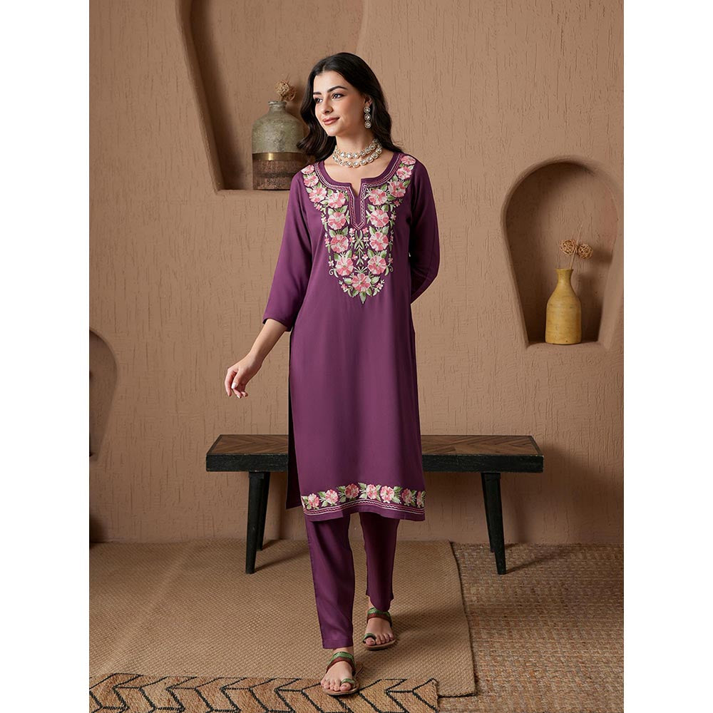QAZMI Purple Floral Aari Embroidered Viscose Rayon Co-Ord Set